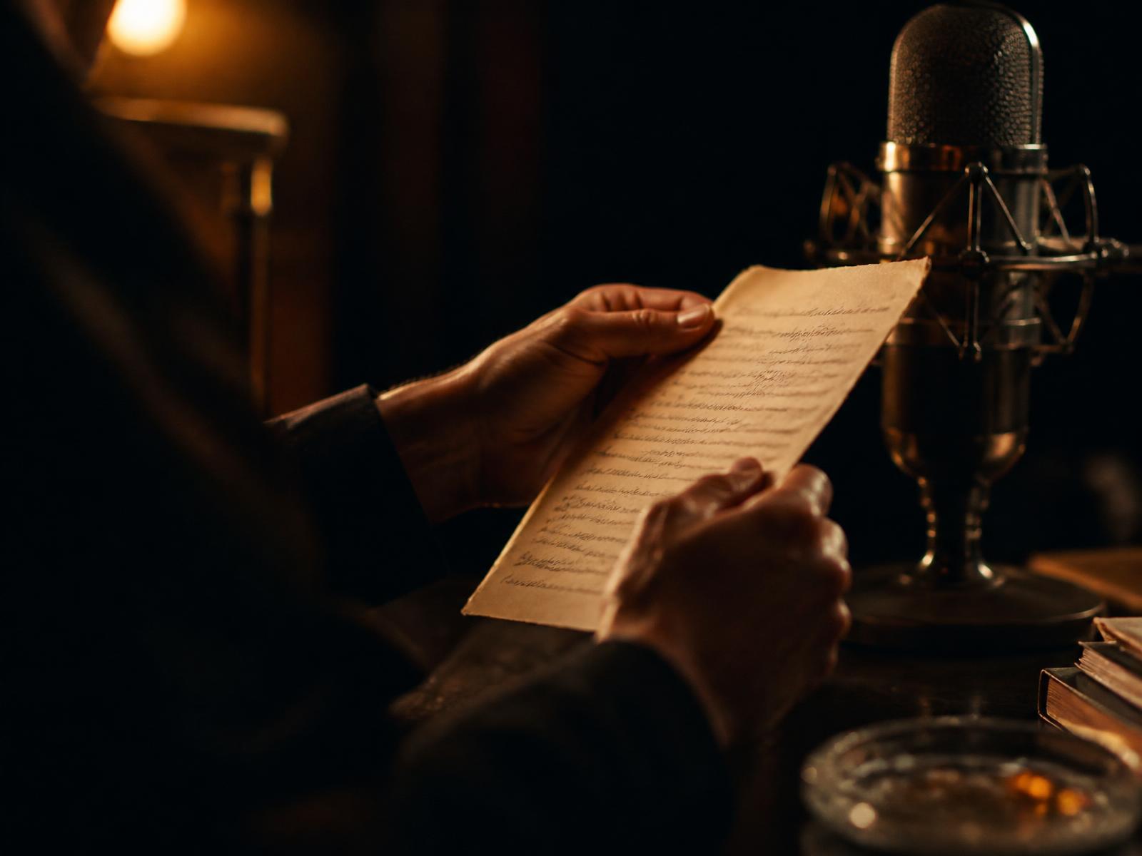Feuille de paroles manuscrite devant un microphone de studio